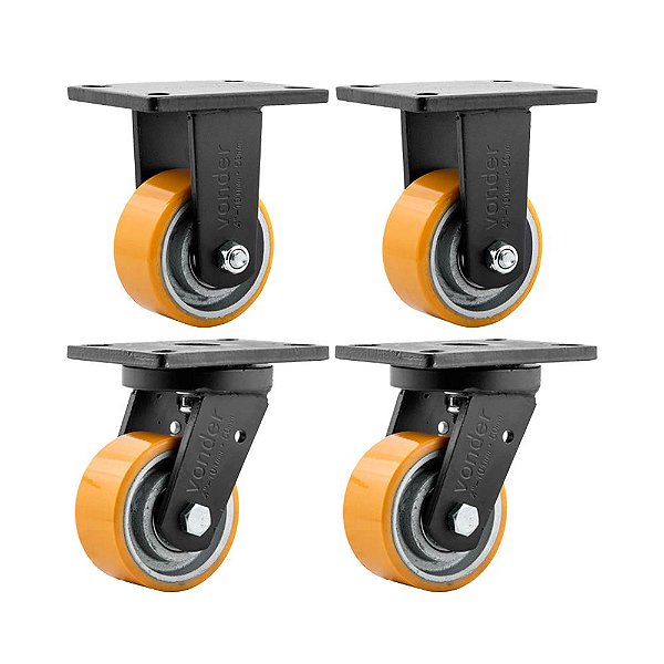 KIT 4 UN RODÍZIO RODA FIXO E GIRATÓRIO POLIURETANO 5" 127MM