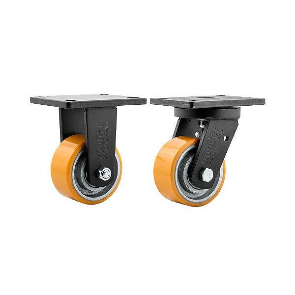 KIT 2 UN RODÍZIO RODA FIXO E GIRATÓRIO POLIURETANO 4" 101MM