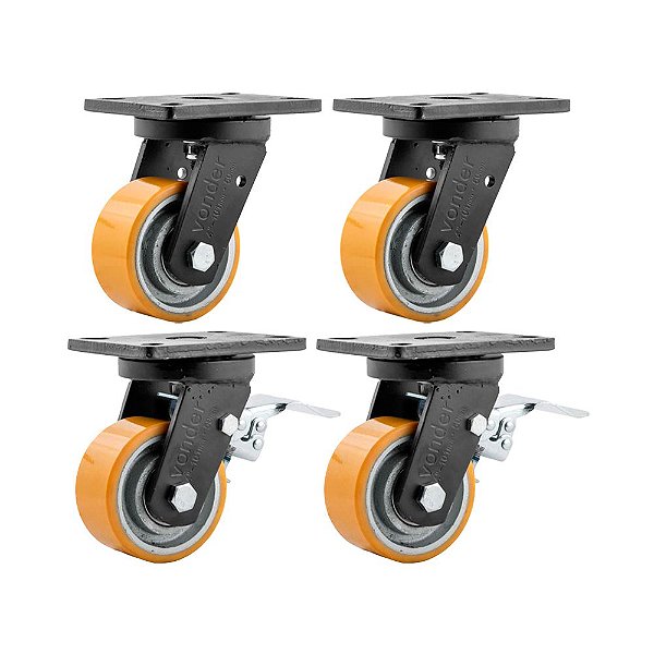 KIT 4 UN RODÍZIO RODA GIRATÓRIO FREIO POLIURETANO 4" 101MM