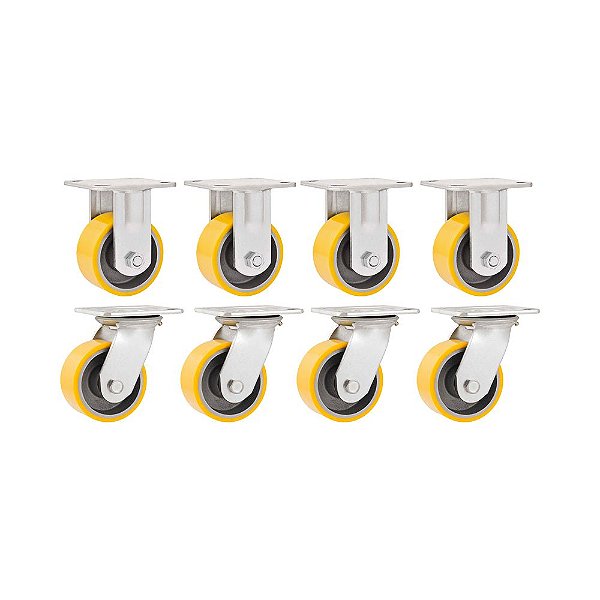 KIT 8 UN RODÍZIO RODA FIXO E GIRATÓRIO POLIURETANO 8" 203MM