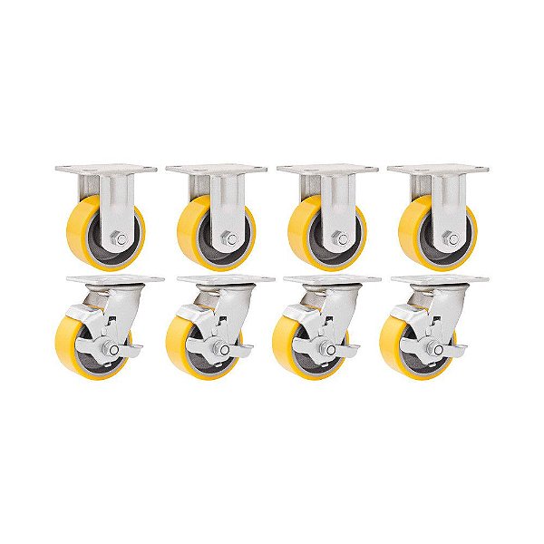 KIT 8 UN RODÍZIO FIXO GIRATÓRIO FREIO POLIURETANO 5'' 250KG