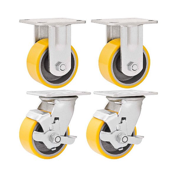 KIT 4 UN RODÍZIO FIXO GIRATÓRIO FREIO POLIURETANO 5'' 250KG