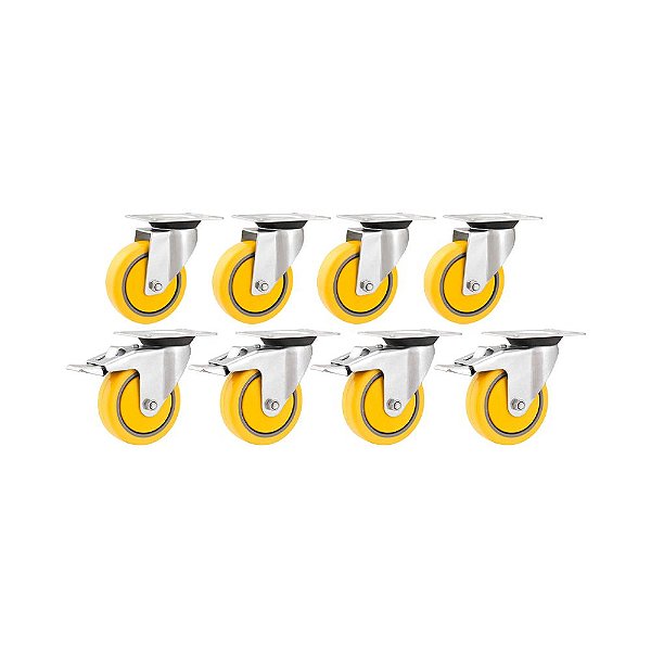 KIT 8 UN RODÍZIO RODA GIRATÓRIO E FREIO PVC AMARELA 4" 101MM