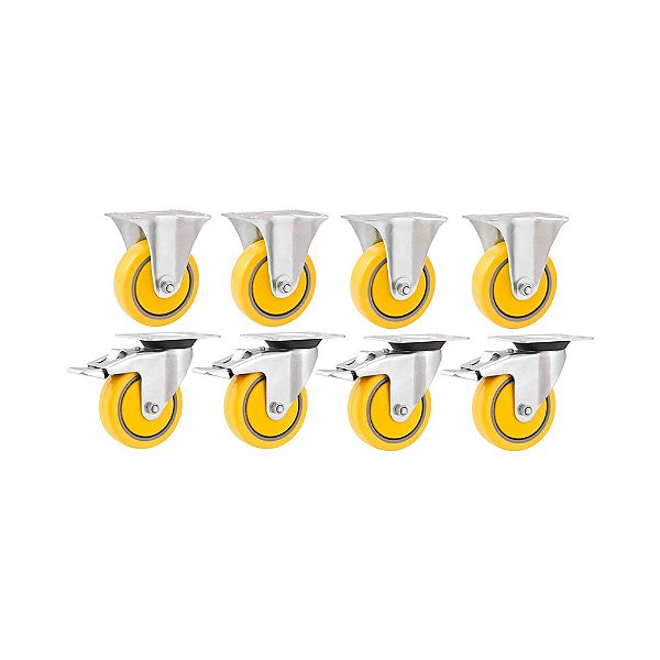 KIT 8 UN RODÍZIO RODA FIXO E GIRATÓRIO FREIO  PVC AMARELA 4'