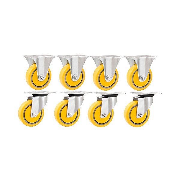 KIT 8 UN RODÍZIO RODA FIXO E GIRATÓRIO  PVC AMARELA 4 101MM