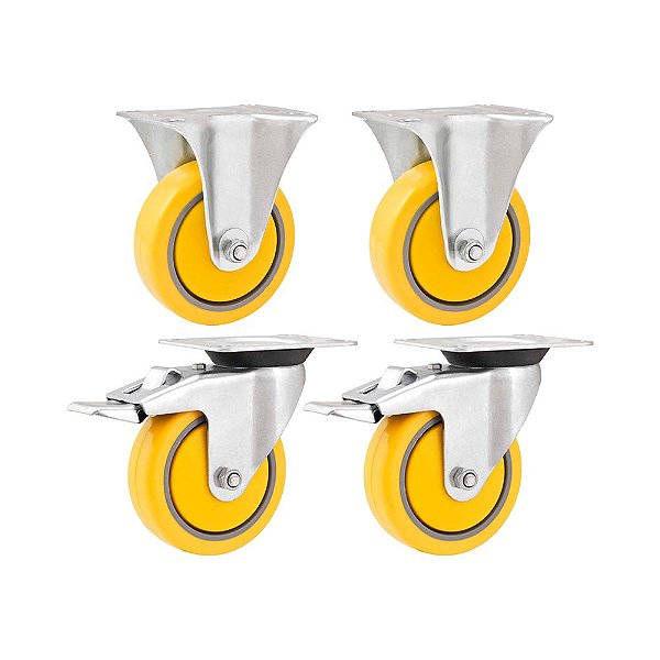 KIT 4 UN RODÍZIO RODA FIXO E GIRATÓRIO FREIO PVC AMARELA 4"