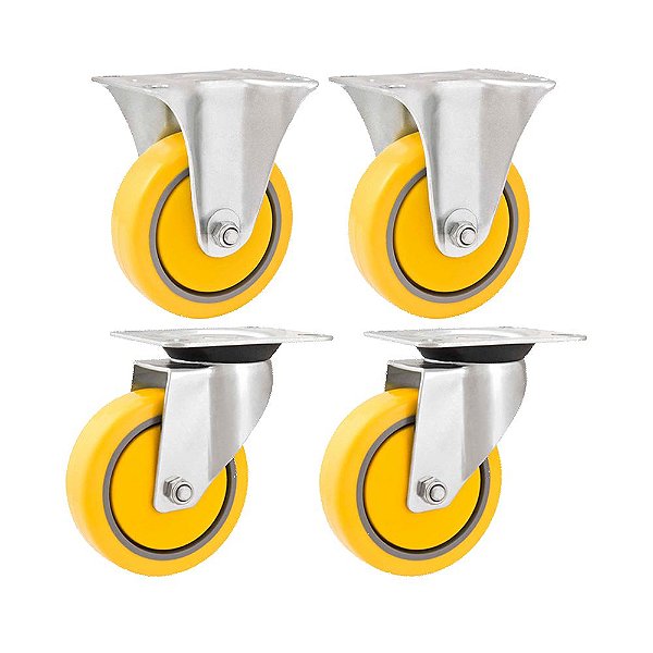 KIT 4 UN RODÍZIO RODA FIXO E GIRATÓRIO PVC AMARELA 4" 101MM