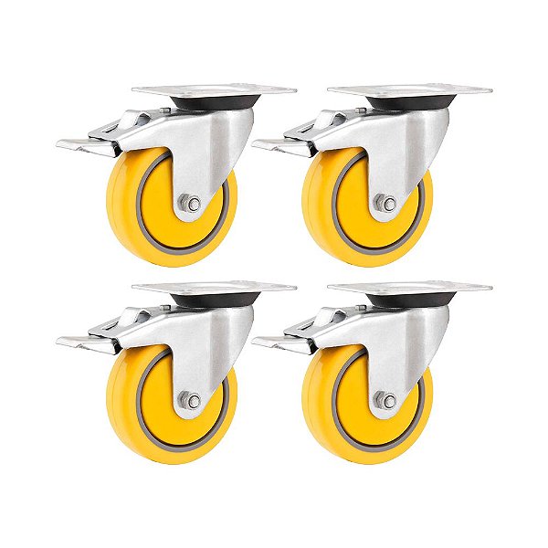 KIT 4 UN RODÍZIO RODA GIRATÓRIO FREIO PVC AMARELA 3" 76MM