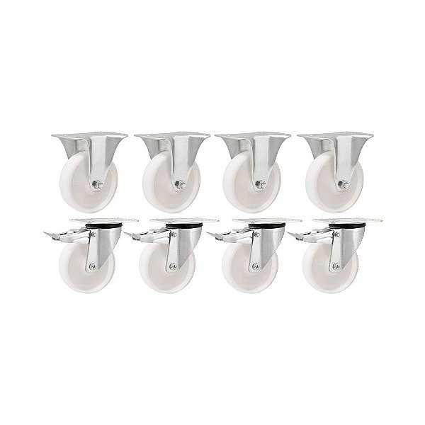 KIT 8 UN RODÍZIO FIXO GIRATÓRIO FREIO NYLON 4" 101MM 130KG