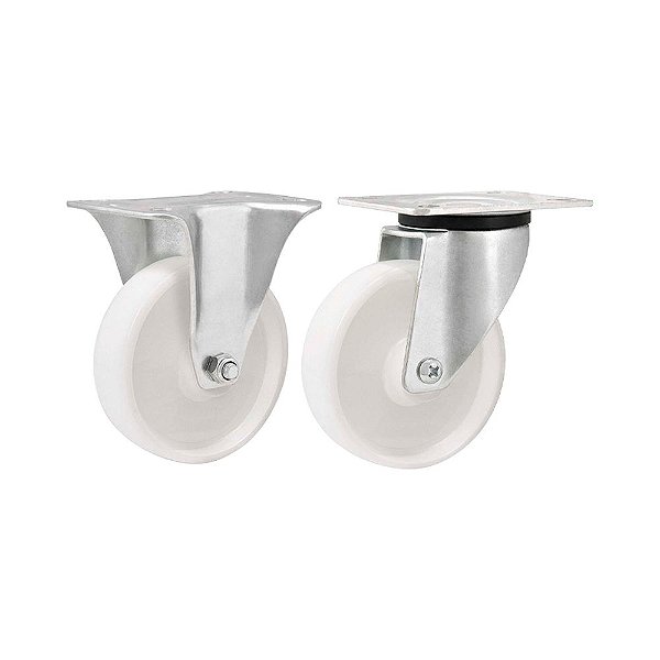 KIT 2 UN RODÍZIO RODA FIXO E GIRATÓRIO  NYLON 3" 76MM 100KG