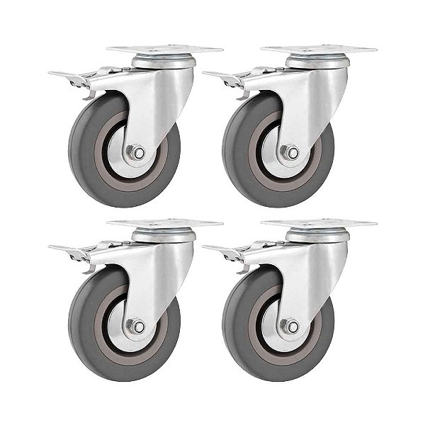 KIT 4 UN RODÍZIO RODA GIRATÓRIO FREIO PVC CINZA 4" 101MM