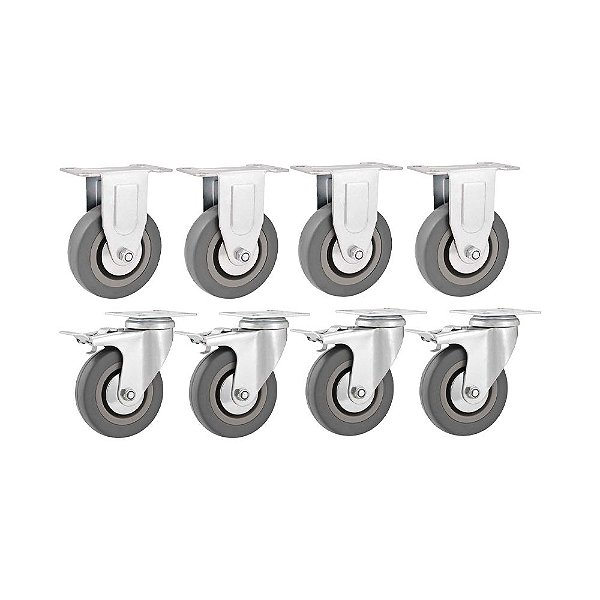 KIT 8 UN RODÍZIO RODA FIXO GIRATÓRIO FREIO PVC CINZA 4 101MM