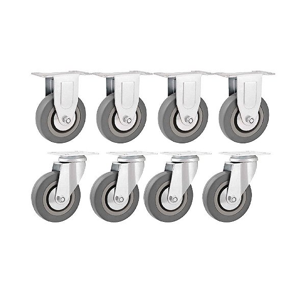 KIT 8 UN RODÍZIO RODA FIXO E GIRATÓRIO PVC CINZA 4" 101MM