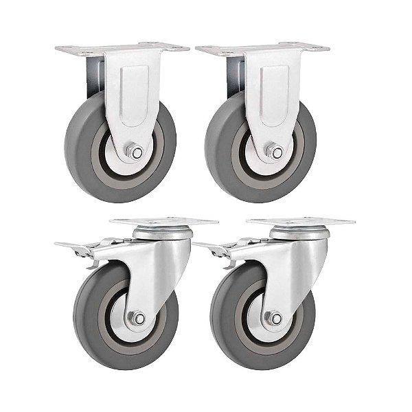 KIT 4 UN RODÍZIO RODA FIXO GIRATÓRIO FREIO PVC CINZA 4 101MM