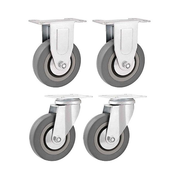 KIT 4 UN RODÍZIO RODA FIXO E GIRATÓRIO PVC CINZA 4" 101MM
