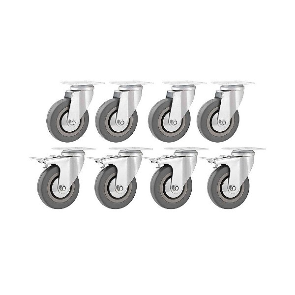 KIT 8 UN RODÍZIO RODA GIRATÓRIO E FREIO PVC CINZA  3" 76MM