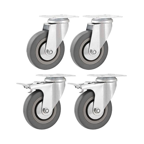 KIT 4 UN RODÍZIO RODA GIRATÓRIO E FREIO PVC CINZA  3" 76MM