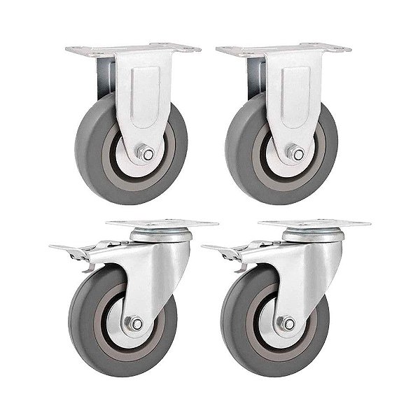 KIT 4 UN RODÍZIO RODA FIXO GIRATÓRIO FREIO PVC CINZA 3" 76MM