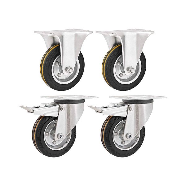 KIT 4 UN RODÍZIO FIXO GIRATÓRIO FREIO BORRACHA PRETA 8 203MM