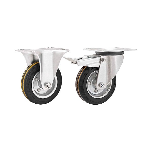 KIT 2 UN RODÍZIO FIXO GIRATÓRIO FREIO BORRACHA PRETA 8 203MM