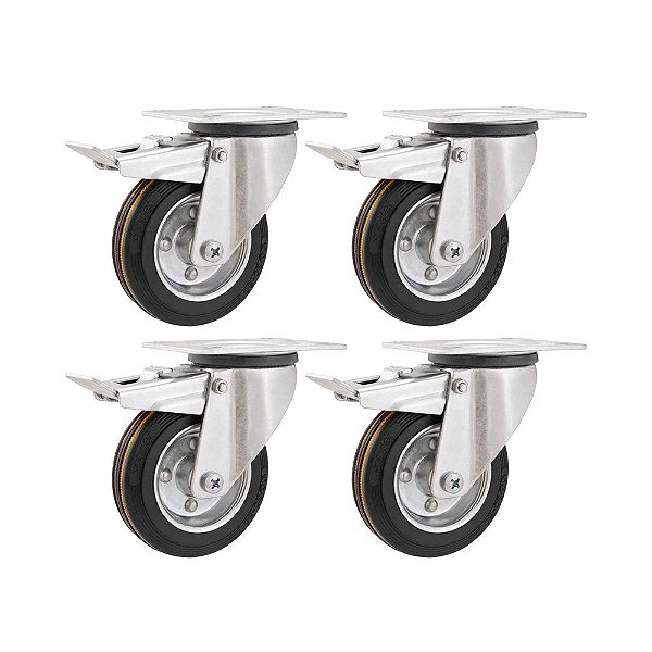 KIT 4 UN RODÍZIO GIRATÓRIO FREIO BORRACHA PRETA 6" 152MM