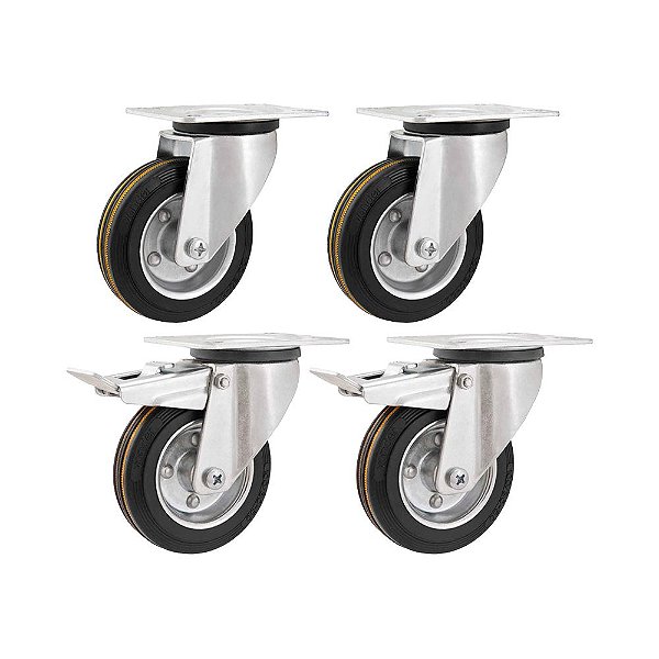 KIT 4 UN RODÍZIO GIRATÓRIO FREIO BORRACHA PRETA 6" 152MM