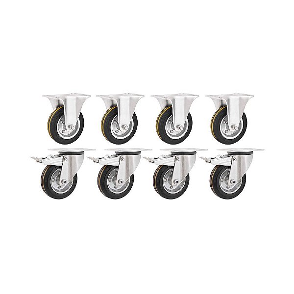 KIT 8 UN RODÍZIO FIXO GIRATÓRIO FREIO BORRACHA PRETA 5 127MM