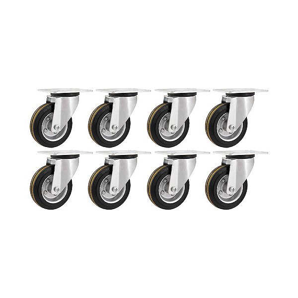 KIT 8 UN RODÍZIO GIRATÓRIO BORRACHA PRETA AÇO 6" 152MM