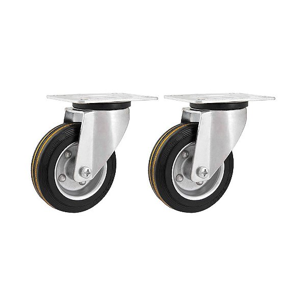 KIT 2 UN RODÍZIO GIRATÓRIO BORRACHA PRETA AÇO 4" 101MM 88KG