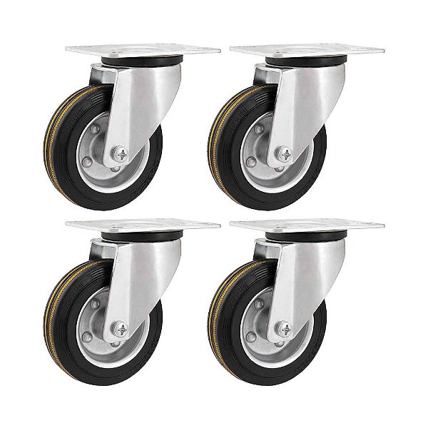 KIT 4 UN RODÍZIO GIRATÓRIO BORRACHA PRETA AÇO 3" 76MM 60KG