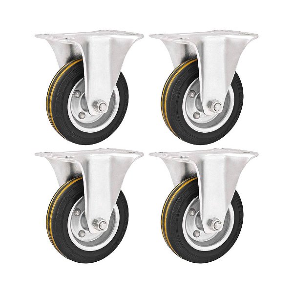 KIT 4 UN RODÍZIO RODA FIXO BORRACHA PRETA AÇO 3" 76MM 60KG