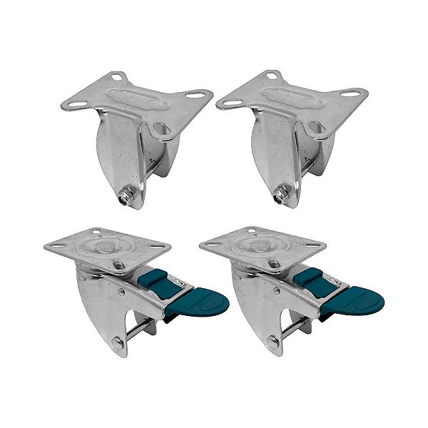 KIT 4 UN SUPORTE GARFO FIXO E GIRATÓRIO FREIO 5POL P/RODÍZIO