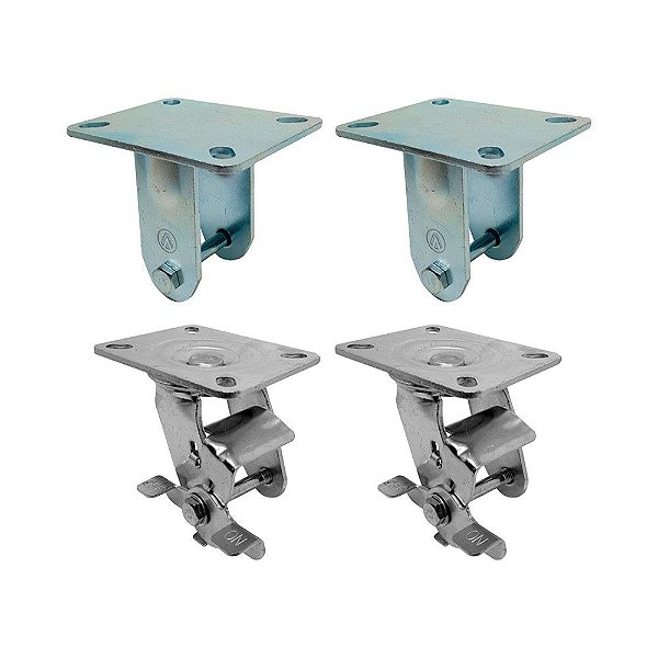KIT 4 UN SUPORTE GARFO FIXO E GIRATÓRIO FREIO 4 POL P/RODÍZIO