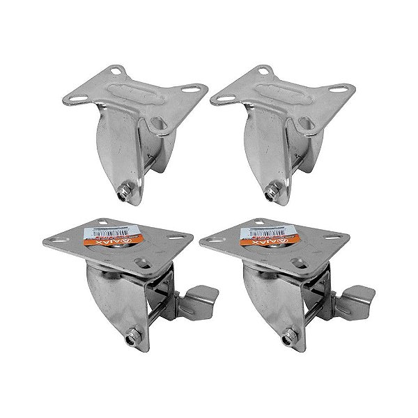 KIT 4 UN SUPORTE GARFO FIXO E GIRATÓRIO FREIO 3 POL P/RODÍZIO