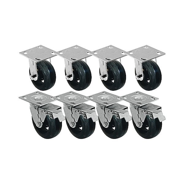 KIT 8 UN RODA RODÍZIO FIXO GIRATÓRIO FREIO TRAVA BORRACHA 8"