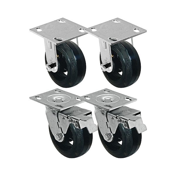 KIT 4 UN RODA RODÍZIO FIXO GIRATÓRIO FREIO TRAVA BORRACHA 8"