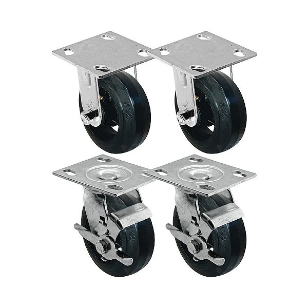 KIT 4 UN RODA RODÍZIO FIXO GIRATÓRIO FREIO BORRACHA 8 POLEGADAS