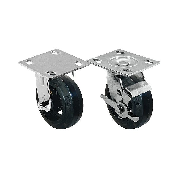 KIT 2 UN RODA RODÍZIO FIXO GIRATÓRIO FREIO BORRACHA 5 POLEGADAS