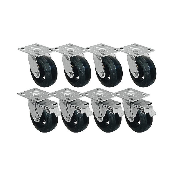 KIT 8 UN RODA RODÍZIO GIRATÓRIO FREIO TRAVA BORRACHA 4 POLEGADAS