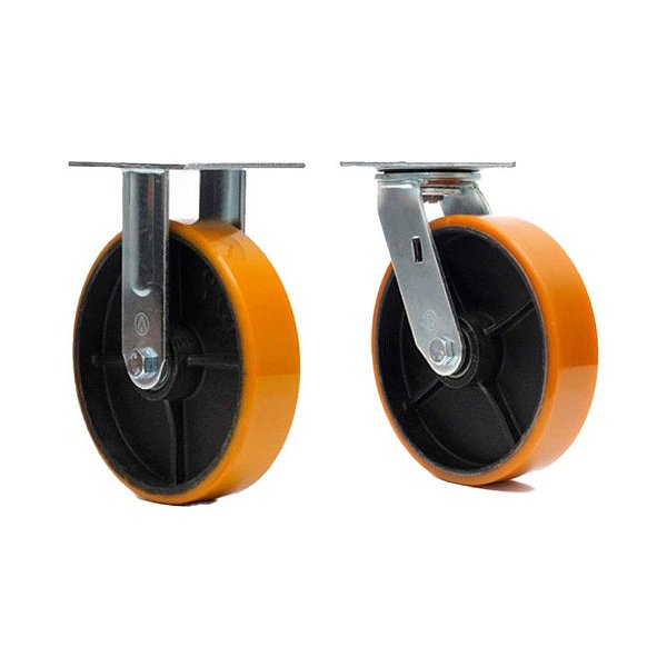 KIT 2 UN RODA RODÍZIO FIXO GIRATÓRIO POLIURETANO FERRO PU 8"