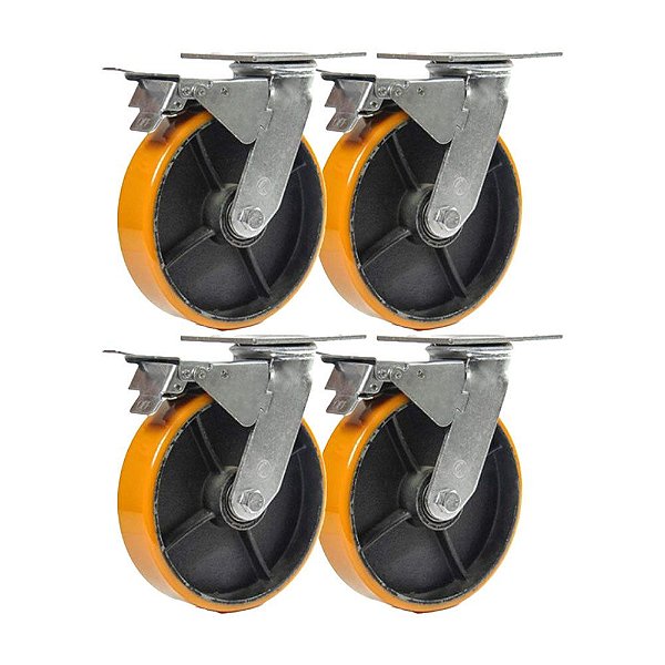 KIT 4 UN RODÍZIO GIRATÓRIO TRAVA POLIURETANO FERRO PU 8"