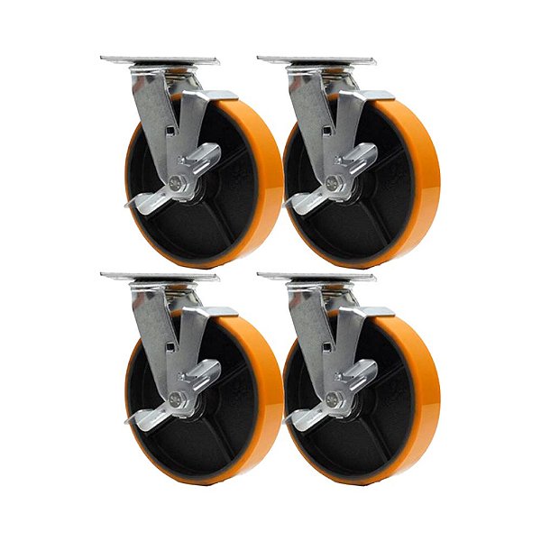 KIT 4 UN RODA RODÍZIO GIRATÓRIO FREIO POLIURETANO FERRO PU 8