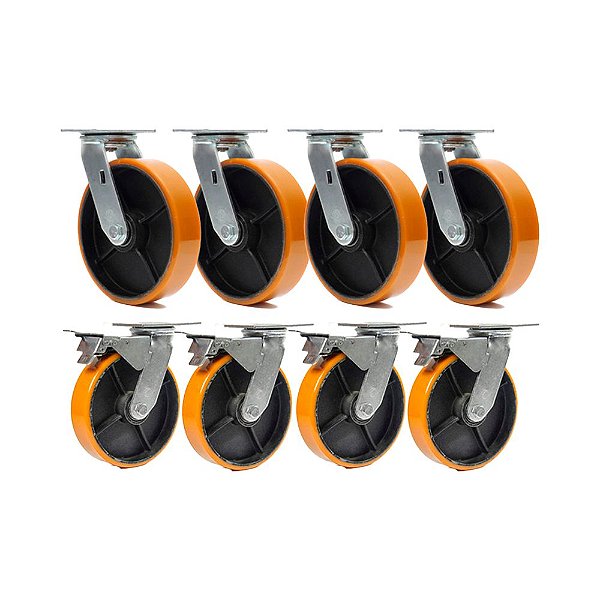 KIT 8 UN RODÍZIO GIRATÓRIO FREIO POLIURETANO FERRO PU 8"