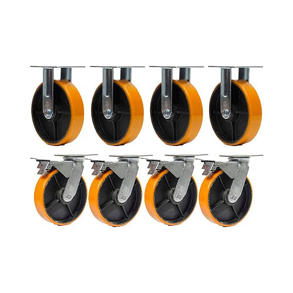 KIT 8 UN RODÍZIO FIXO GIRATÓRIO FREIO POLIURETANO FERRO PU 8