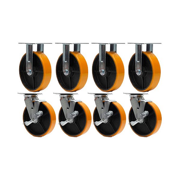 KIT 8 UN RODÍZIO FIXO GIRATÓRIO FREIO POLIURETANO FERRO PU 8