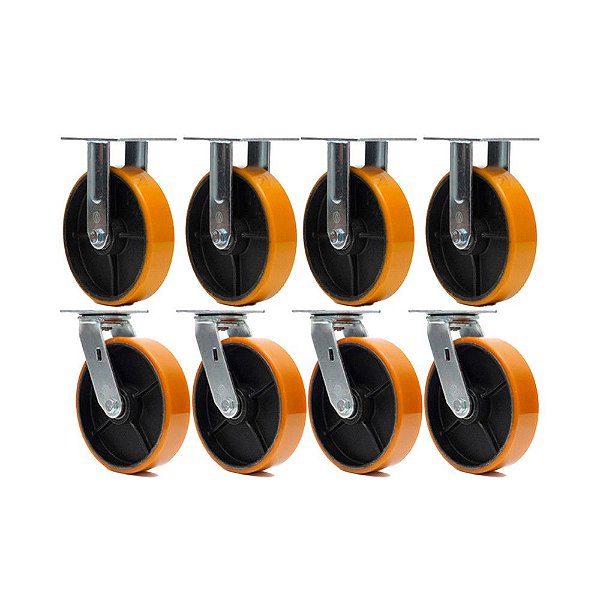 KIT 8X2 UN RODA RODÍZIO FIXO GIRATÓRIO POLIURETANO FERRO PU