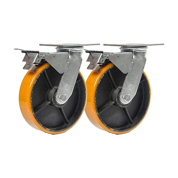 KIT 2 UN RODÍZIO GIRATÓRIO TRAVA POLIURETANO FERRO PU 8"