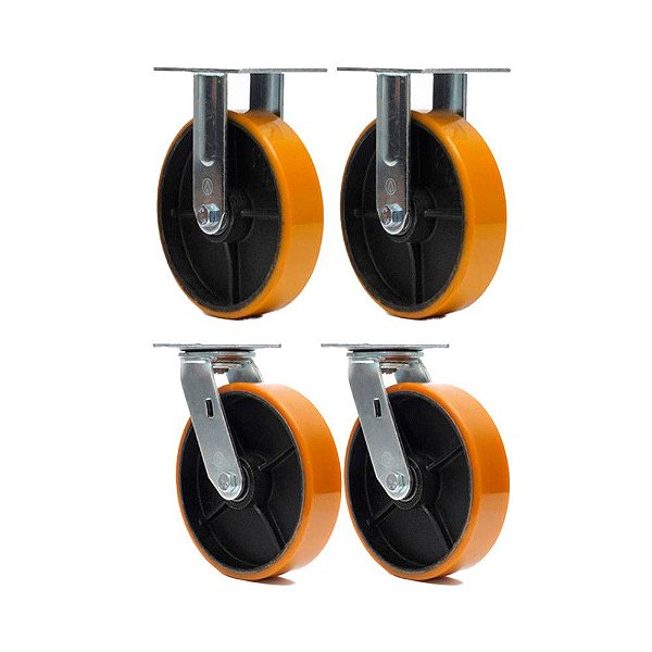 KIT 4 UN RODA RODÍZIO FIXO GIRATÓRIO POLIURETANO FERRO PU 8"