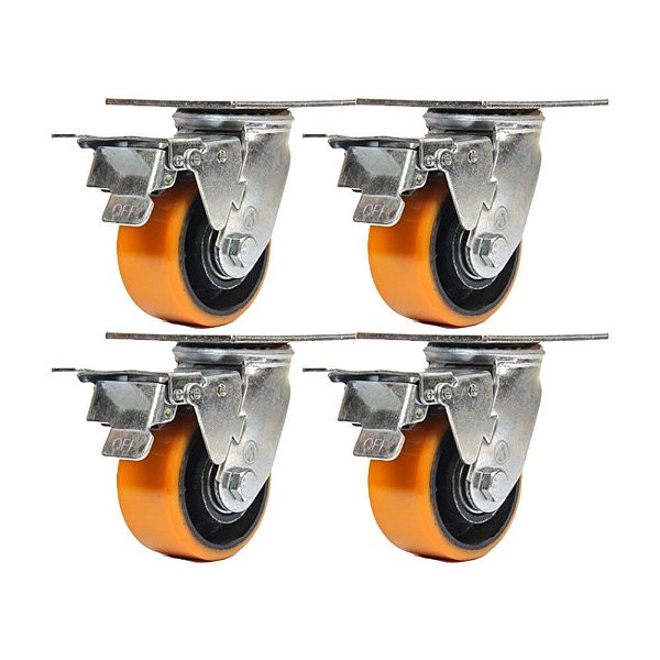 KIT 4 UN RODÍZIO GIRATÓRIO TRAVA POLIURETANO FERRO PU 6"