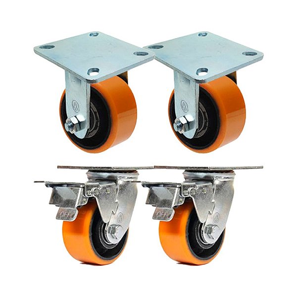 KIT 4 UN RODÍZIO FIXO GIRATÓRIO TRAVA POLIURETANO FERRO PU 6